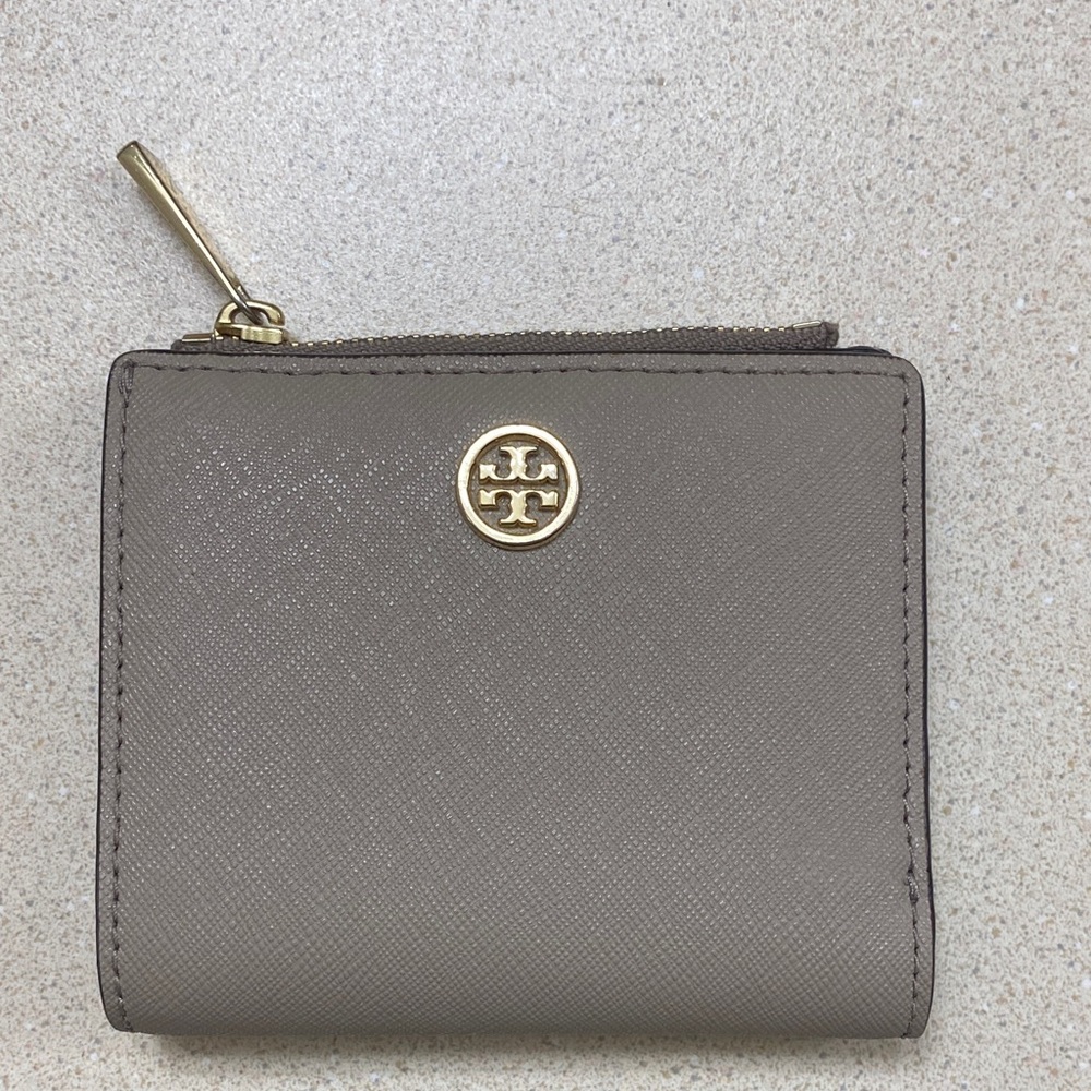 Tory Burch Taupe Leather Wallet with Gold Accent
